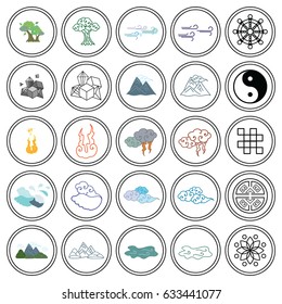 vector illustration of vector icons set of Buddhist symbols and nature elements in circles and in oriental art style