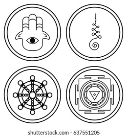 vector illustration of vector icons set of Buddhist symbols in circles and in oriental art style