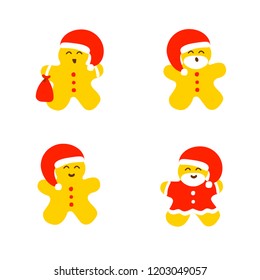 Vector illustration icons set of gingerbread men dressing in red Santa Claus' clothes on a white background