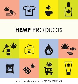 ilustración vectorial de iconos para productos de cáñamo como píldoras cosméticas cremas de tela y otros