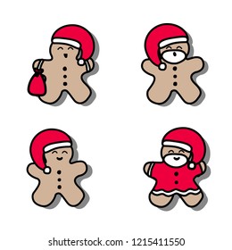 Vector illustration icons set of laughing gingerbread men dressing in red Santa Claus' clothes on a white background