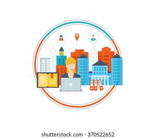 Vector Illustration Icons Set Of Online Education And Online Training Courses, Specialization, University, Tutorials. School And University Building Icon. Technical Support Concept. Urban Landscape. 