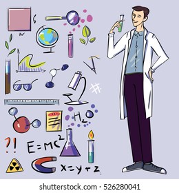 Vector illustration with icons set and scientist man concept. Sketch style