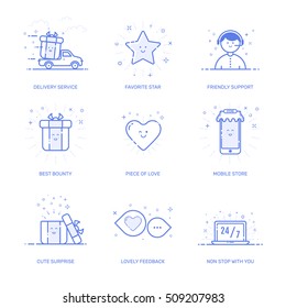 Vector illustration of icons set shopping commerce, marketing, business concept in line style. Linear blue elements. Design for internet, banner, web and mobile app. Outline object e-commerce icon.