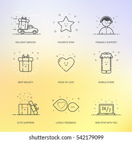 Vector illustration of icons set shopping commerce, marketing, business concept in line style. Linear design for internet, banner, web and mobile app. Outline object e-commerce on blurred background.