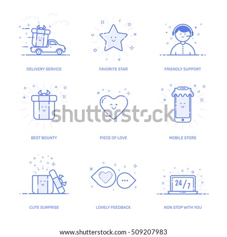 Vector illustration of icons set shopping commerce, marketing, business concept in line style. Linear blue elements. Design for internet, banner, web and mobile app. Outline object e-commerce icon.