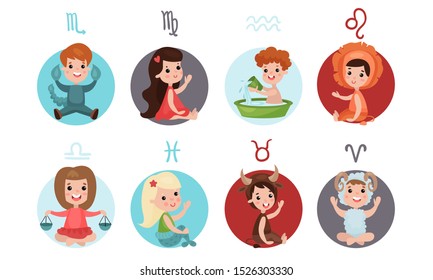 Vector Illustration Icons Set With Zodiac Signs For Kids