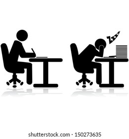 Vector illustration icons showing an office worker writing and another one tired and sleeping