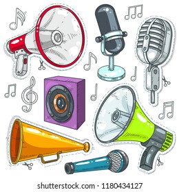 Vector illustration, icons speaker, microphone and speakers.
