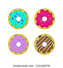 Vector illustration icons of sugar icing glazed donuts. Flat style. Yellow, pink, purple, chocolate colors, black outline, white background