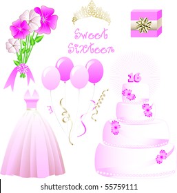 Vector Illustration of icons for a sweet sixteen birthday party. May also be used for Quinceanera