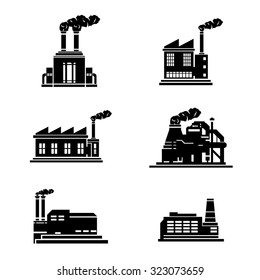 A vector illustration of icons that represent industry.
Industrial Factories icon set. 
Industrial buildings silhouette Icons.