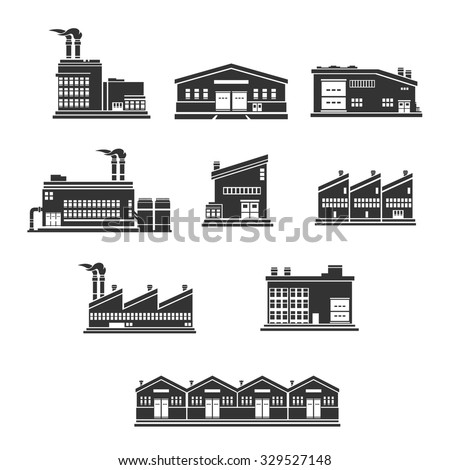 A vector illustration of icons that represent heavy industry. 
Industrial Factories and warehouse icon set illustration. 
Industrial buildings silhouette Icons.