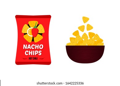 Vector illustration, icons of tortilla chips, nacho chips in bright red package and in big wooden bowl. 