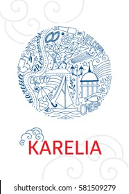 Vector illustration with icons. Travel to Karelia concept. Karelian symbols on the card.