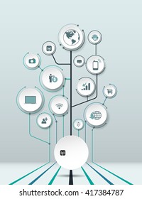 Vector illustration icons tree background with lines, circles in molecule structure. Cloud computing. Business, Social media, network technology, infographic template, diagram, network, web design. 