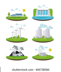 vector illustration icons in the types of energy generation. set of icons of renewable alternative energy. Inergen sun, wind, water, resources. set a windmill, solar battery,coal ,nuclear, Hydropower