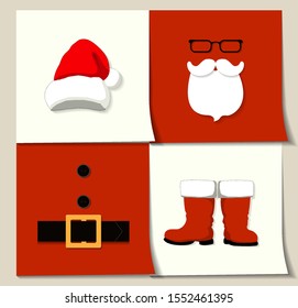 A vector illustration icons of white and red Santa Сlause hat, beard, glasses, belt, buttons, and boots put on seperate square stickers
