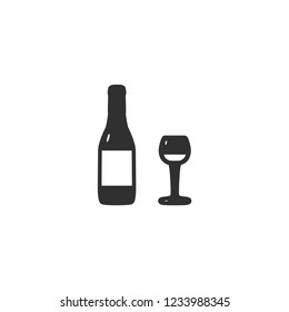 Vector illustration icons of wineglass, bottle. Flat style. Black silhouette