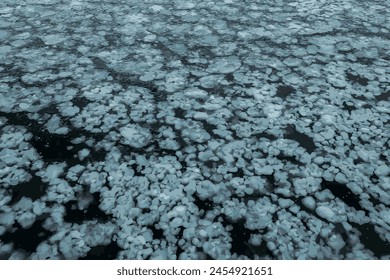 Ilustración vectorial de una superficie de un río helado. Textura de fragmentos de hielo y agua. Fondo de invierno.
