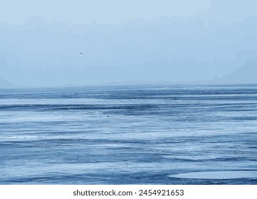 Ilustración vectorial de una superficie de un río helado. Textura de fragmentos de hielo y agua. Fondo de invierno.
