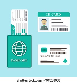 Vector illustration of ID Card, passport, boarding pass and credit card. Travel documents icons