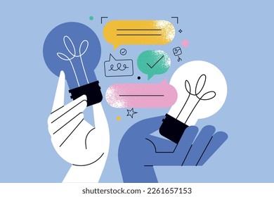 Vector illustration of idea, brainstorming, creativity, know how, education, knowledge, experiences exchange. Creative concept for web banner, social media banner, business presentation, marketing.