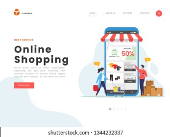 Vector Illustration idea concept for landing page template, various shops, discounts, purchase of goods and gifts, shopping concept and delivery of goods through online. Flat Gradient Styles