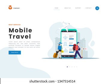 Vector Illustration idea concept for landing page template, people travel around the world, man with big luggage bag and woman bring hat ready enjoy mobile travel. Flat gradient style.