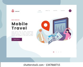 Vector Illustration idea concept for landing page template, people travel around the world, man and woman bring hat preparing with map and enjoy mobile travel. Flat gradient style.