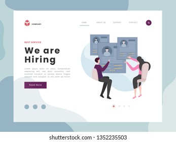 Vector Illustration idea concept for landing page template, hiring, open vacancy. business company is looking for an employee for a job, creative illustrations. businessmen are considering a resume.