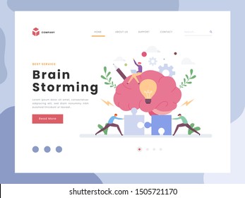 Vector Illustration idea concept for landing page template, Brain Storming, thinking process,insight, Flat tiny man bringing ideas together for success business. woman with laptop. Flat Styles