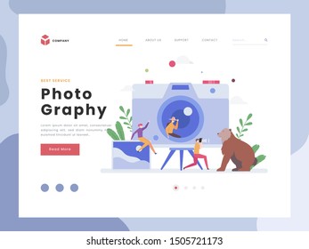 Vector Illustration idea concept for landing page template, Photographer Occupation, Professional digital film equipment technology, Flat tiny taking a photo of bear, Capture on tripod.Flat Styles.