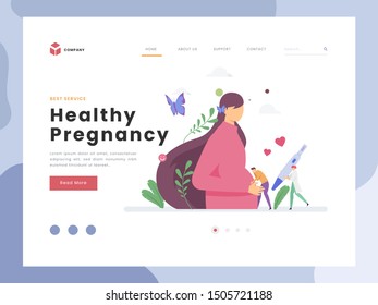 Vector Illustration idea concept for landing page template,Pregnant, Pregnancy, Flat Tiny Persons Man Hear baby kicks, waiting baby born.Abstract maternity love and baby birth expectations. Flat Style