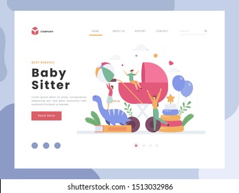 Vector Illustration idea concept for landing page template,Babysitter, Flat tiny Children baby nursery person playing ball and nanny service, educational profession game with infant toys. Flat Styles.