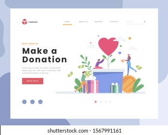 Vector Illustration idea concept for landing page template, Philantrophy, Flat tiny voluntary charity persons. Symbolic love of humanity, giving support contribution, gifts and hopes, Flat Style