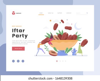 Vector Illustration idea concept for web landing page template, Holy monh Ramadan Mubarak, Flat Tiny persons share sweet fruit dates. Symbolic  break fasting party at Arabic coffee mug. Flat style.