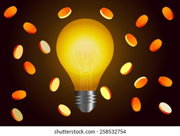 Vector illustration. Idea for earnings. Lamp and coins