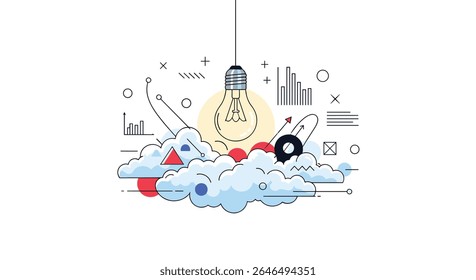 Ilustração vetorial da geração de ideias com lâmpadas de nuvens e elementos de apresentação de dados