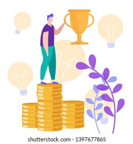 Vector Illustration. Idea Generation. Creating Business Ideas. New Technologies. Earn Money.Man Stand on Stack Coins with Champion Cup in Hand. Get Profit. Achieve Success. Work on Project.