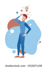 Vector illustration of idea generation process isolated on white background | Light bulb and other forms and symbols around a character who is thinking | Business graphic 