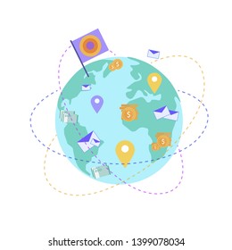 Vector Illustration. Idea Generation.c Business Ideas. New Technologies. Use Electronic Media. Interaction Letter Money Geolocation on Background of Globe. Control System. Cash Note and Coin.