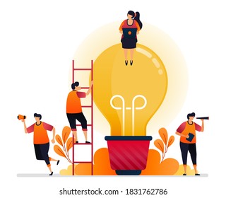 Vector illustration of idea and inspiration, looking for problem solving with brainstorming and knowledge. Graphic design for landing page, web, website, mobile apps, banner, template, poster, flyer