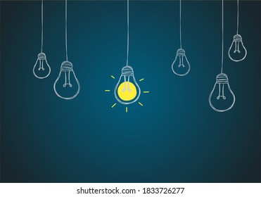 Vector illustration of  Idea Light Bulb with one glowing on bule background, Education concept.