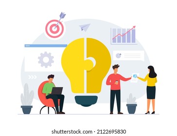 Vector illustration of idea management. Business team develop creative business idea. Business solution.