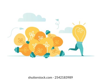 Vector illustration, idea search, fixed thought, search for new ideas, business concepts, brainstorming, idea in the form of an abstract light bulb