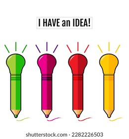 vector illustration for idea using colorful pencils and lamp on top and text "I HAN an IDEA", for graphic designers and poster, banner and education