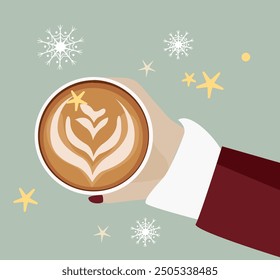 Die Vektorgrafik eignet sich ideal für die Werbung mit Kaffee oder Getränken sowie für die Schaffung einer festlichen Weihnachtsstimmung. Das Bild zeigt eine Hand, die eine Latte-Tasse mit einem schönen Schaumstoffmuster hält