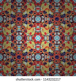 Vector illustration. Ideal for printing on fabric or paper. Abstract seamless pattern in yellow, orange and blue colors. Square scraps in oriental style.