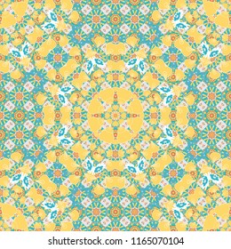 Vector illustration. Ideal for printing on fabric or paper. Abstract seamless pattern in brown, yellow and blue colors. Square scraps in oriental style.